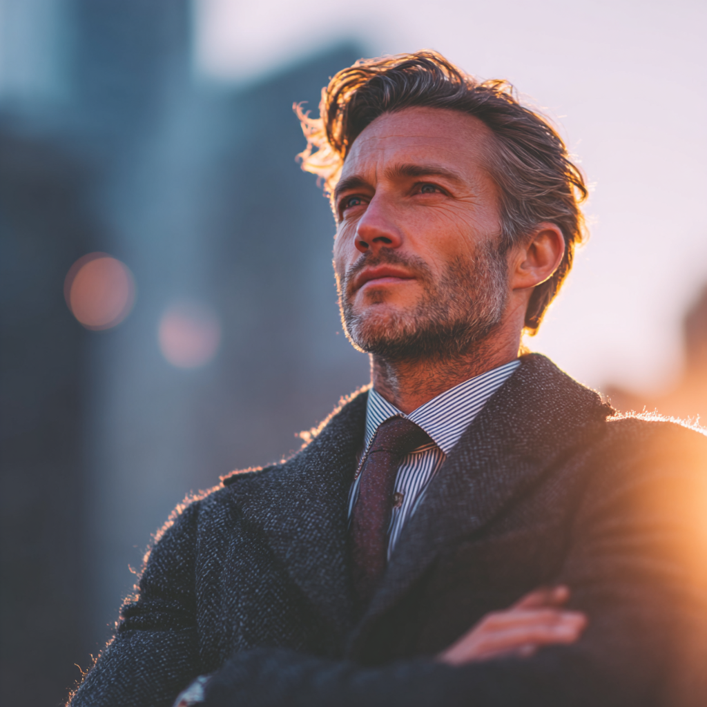 Confident businessman in suit standing powerfully with city skyline background showing success and mental strength