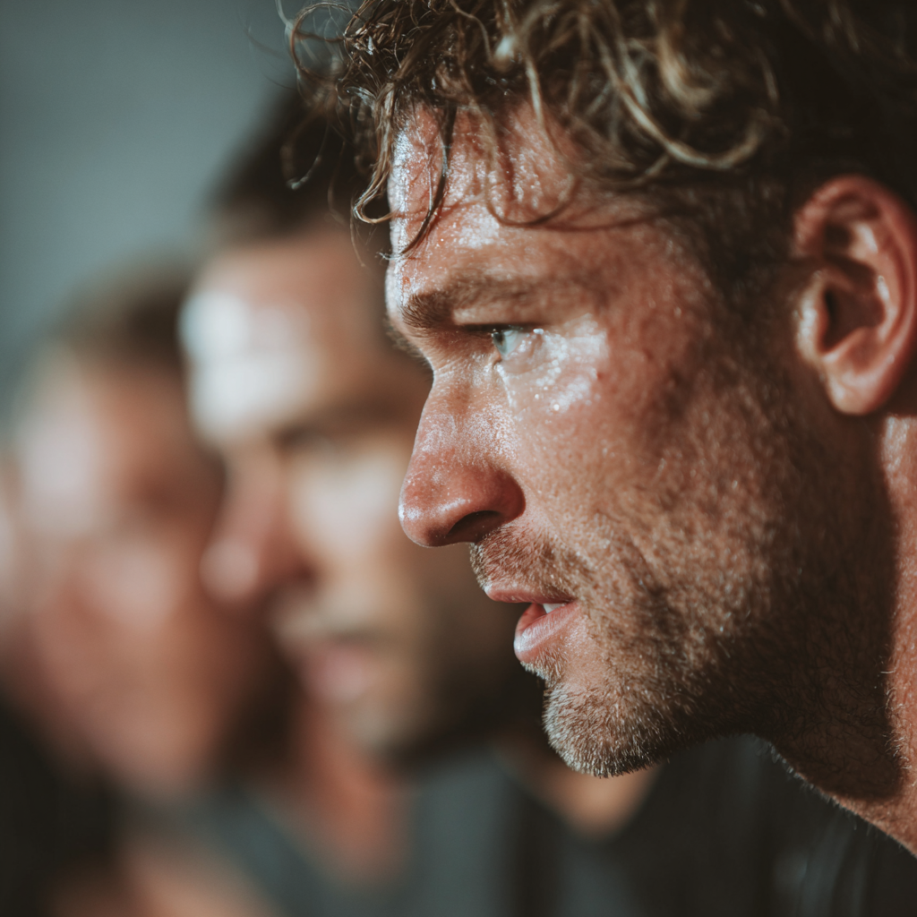 Group of focused men during intensive training session showing teamwork and determination