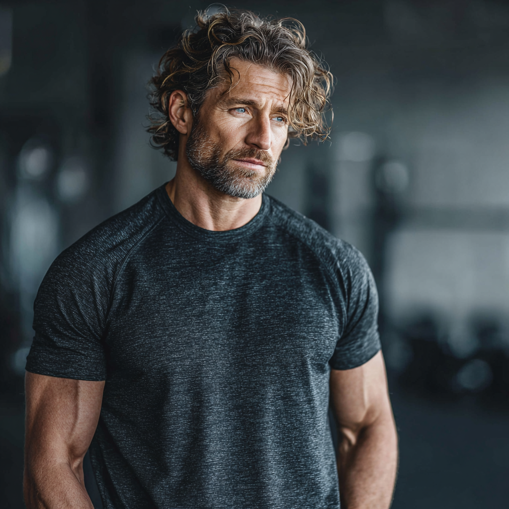 Strong confident man in workout gear standing in modern gym with determination